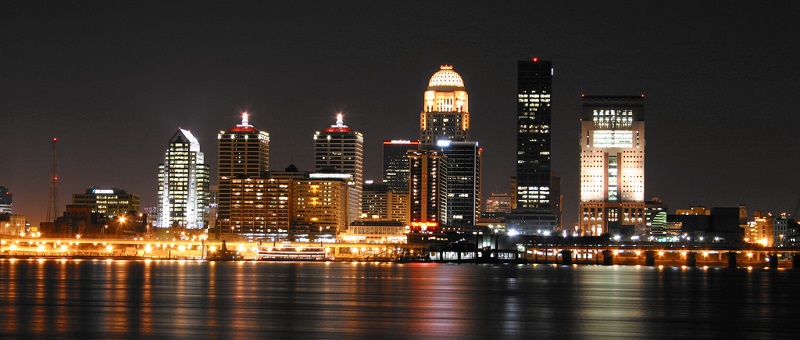 Night-time view of downtown Louisville skyline from across the river