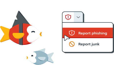 two fish, one happy cardinal fish about to report some phishing, and another smaller fish whom is also happy to report phishing next to a 'report phishing' email icon
