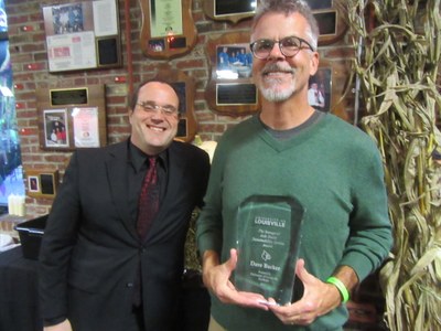 Dave Barker (right) is presented with the 2017 Josh Smith Sustainability Award by Brian Barnes (left)