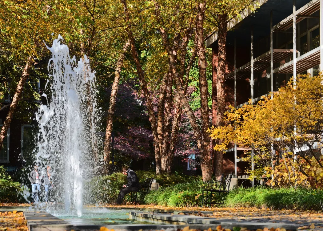Man sitting in front of Schneider Hall fountain in fall