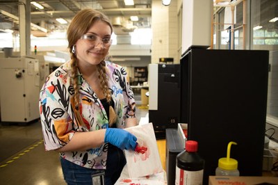 Sophie, co-op student, works with 3D prints in the DLP resin process.