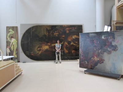Sara with a Reubens awaiting restoration in the Hermitage painting restoration facility