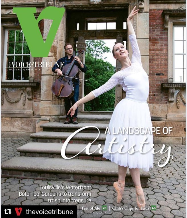 Magazine cover of a dancer in a white dress and ballet shoes dancing in front of a man playing an instrument and a building.