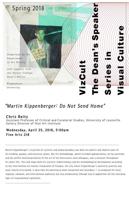 Photo of SUNY Binghampton lecture with information about Professor Chris Reitz. Organized by the Department of Art History with support from the Harpur College Dean's Office. VizCult The Dean's Speaker in Series in Visual Culture. 