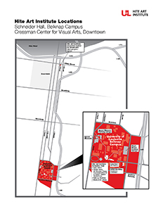 Map of Hite Art Institute Location, Schneider Hall, Belknap Campus, Cressman Center for Visual arts, Downtown