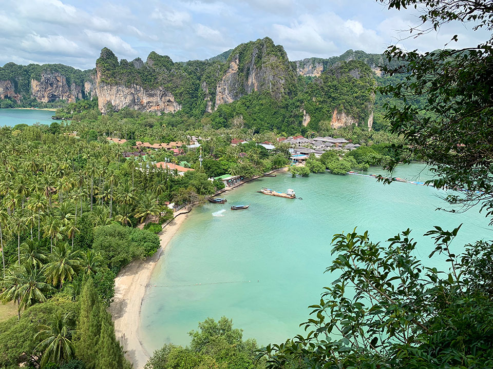 Taken over the scenic viewpoint of isthmus and cliffs in Ao Nang, Krabi, Thailand
