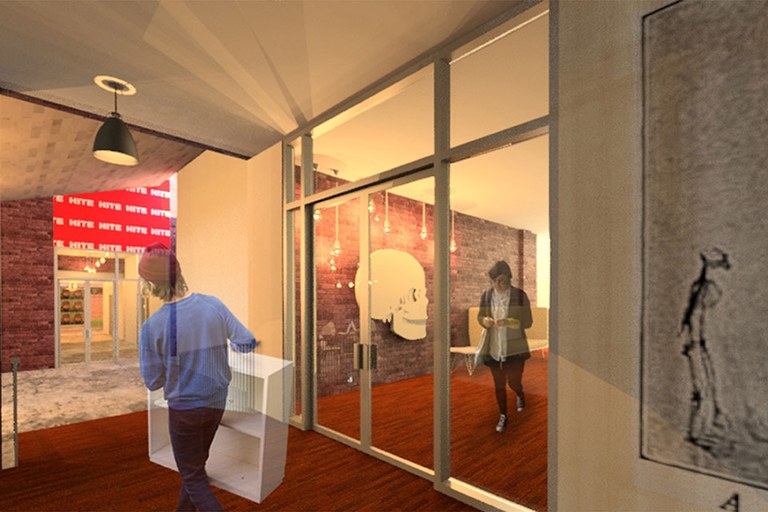 Rendering of Archaeology lab space - students in a hallway