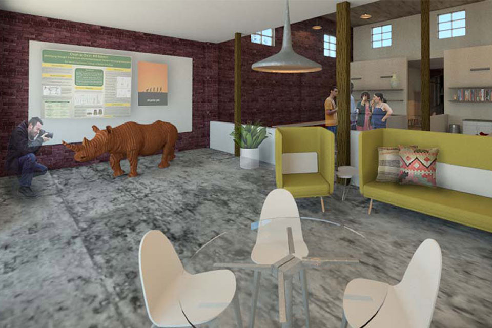 Rendering of Archaeology lab space - students in a lobby