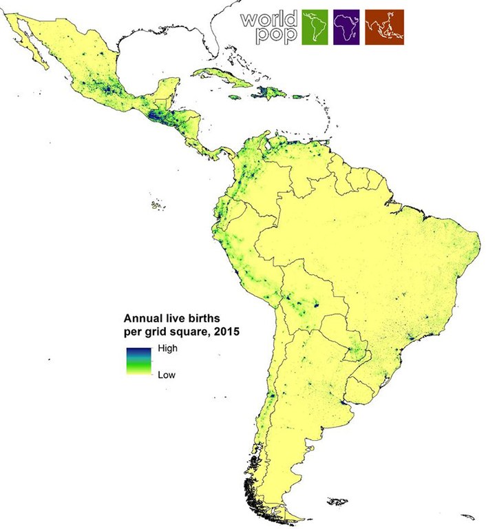 Map of South America showing annual live births per grid square 2015 World Pop