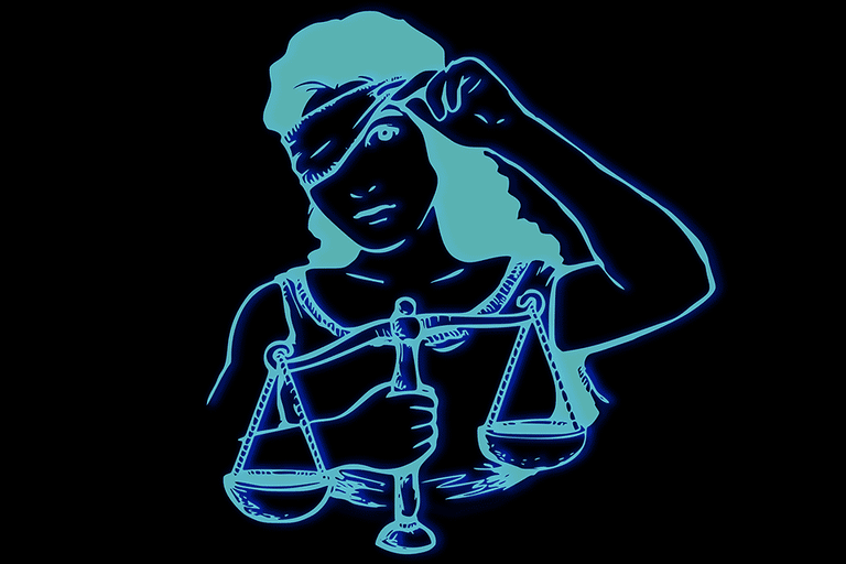 Illustration of lady justice peeking from her blindfold