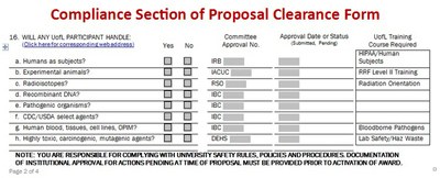 Compliance Section of Proposal Clearance form