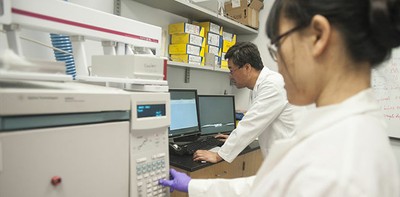 Male and female researchers working in a lab