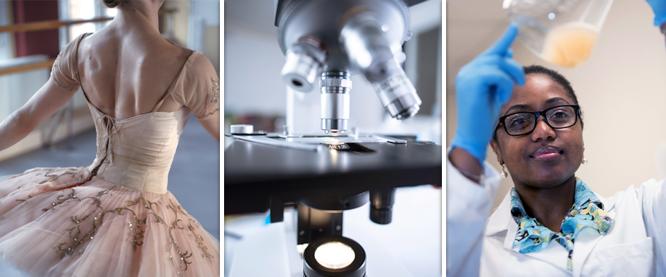 Three images. The first has a ballerina with her back to the camera, the middle image is of a microscope, the third is of a student in a lab coat and gloves examining a beaker