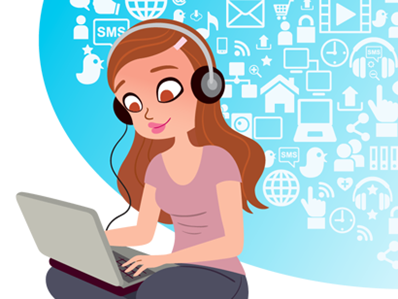 Drawling of girl on computer with social media images behind her