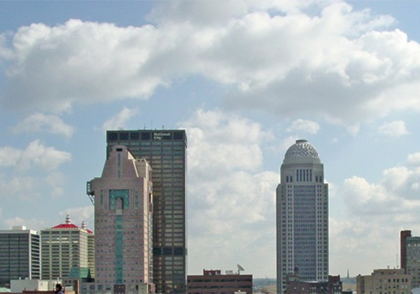skyline of the city of Louisville along river