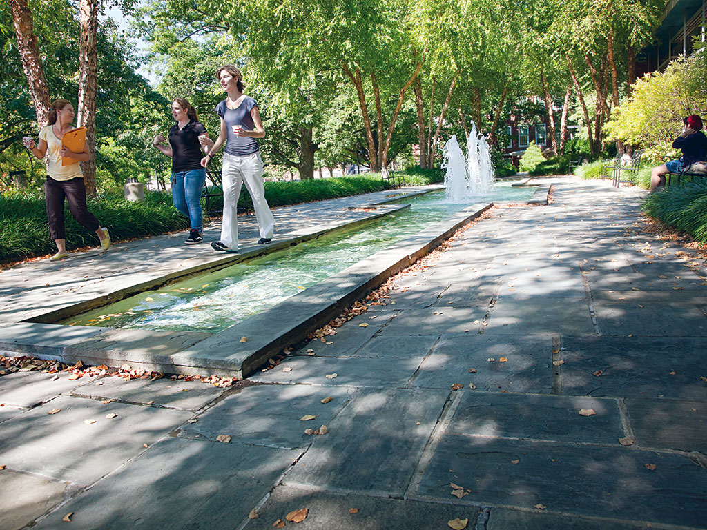 Staff members walking in autumn near Schneider Hall fountain