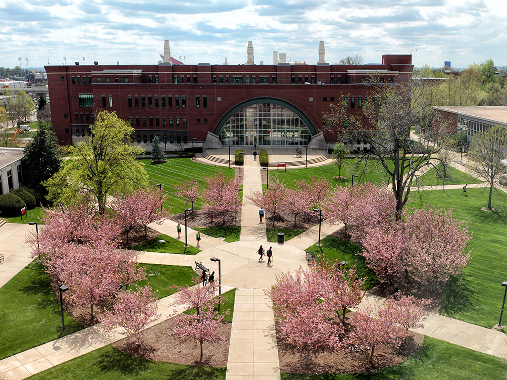 Aerial view of academic quad, students walking