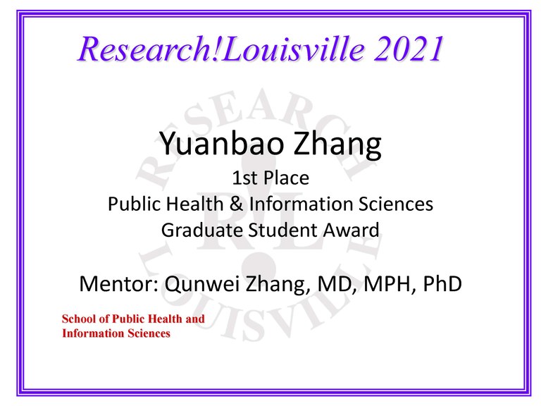 Yuanbao Zhang1st PlacePublic Health & Information SciencesGraduate Student AwardMetal oxide nanoparticles induced epithelial-mesenchymal transition through ROS/MAPKs/MMP-3 pathway in human lung epithelial cells. Zhang, Yuanbao Mo, Yiqun; Yuan, Jiali; Zhang, Qunwei. Environmental and Occupational Health Sciences 2021 	Mentor: Qunwei Zhang, MD, MPH, PhD