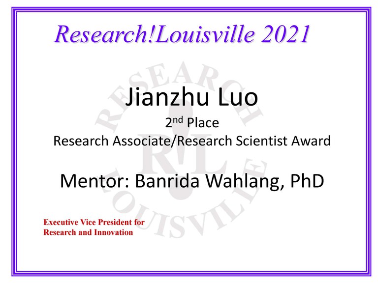 Jianzhu Luo2nd PlaceResearch Associate/Research Scientist AwardEvaluating the sex-dependent effects of chlordane exposure in the context of fatty liver disease, energy metabolism and endocrine disruption. Luo, Jianzhu; Gripshover, Tyler Charles; Watson, Walter H.; Qaissi, Zayna; Young, Jamie Lynn; Head, Kimberly Z.; Cave, Matthew C.; Wahlang, Banrida. Medicine 2021 	Mentor: Banrida Wahlang, PhD