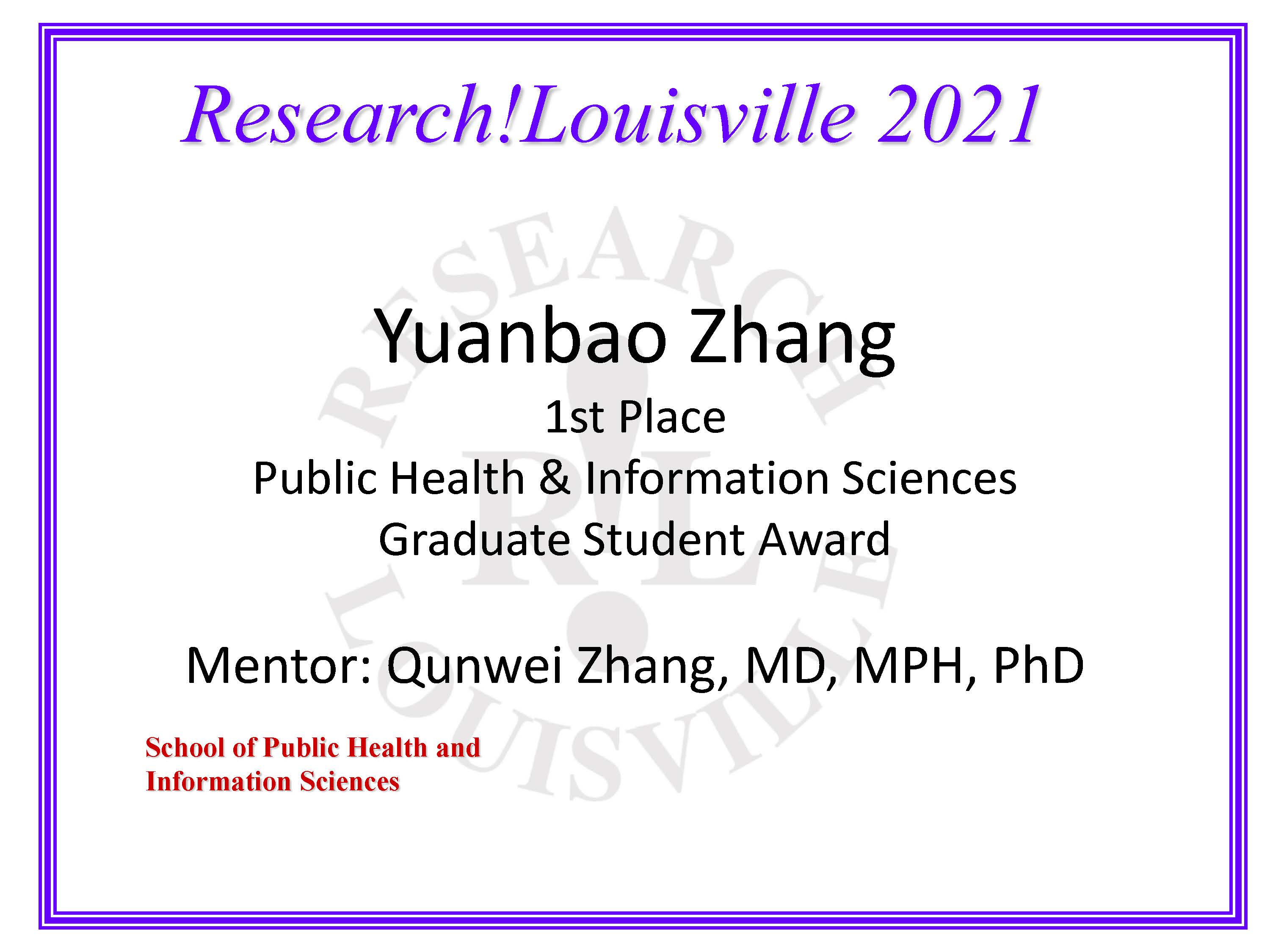 Mentor: Qunwei Zhang, MD, MPH, PhD