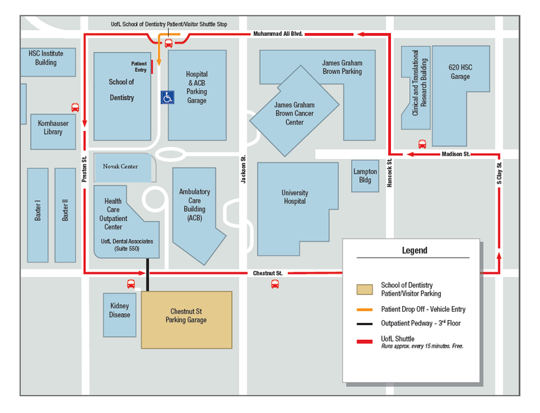 Map showing UofL Health Sciences Center Campus. Map shows garage location at 414 E Chestnut St, Louisville, KY 40202. Map also shows shuttle route, with stops marked near the garage entrance/exit and School of Dentistry patient and visitor entrance. 