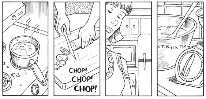 4 images of person cooking in kitchen as a comic strip