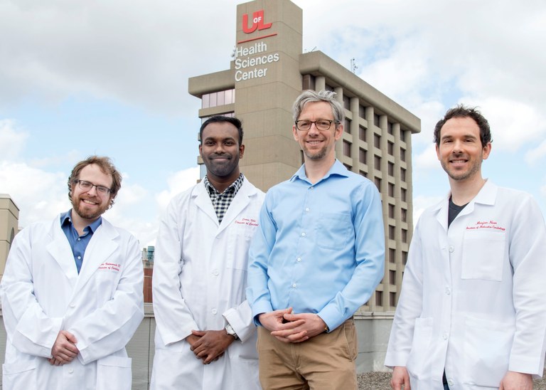 Carll Lab 2021.  Left to right:   Andrew Hodges (PhD student),  Dr. Anand Ramalingam, (post-doctoral researcher), Dr. Alex Carll (PI),  Cory Kucera (PhD student).  Not pictured: Dr. William Rowan (post-doctoral researcher).