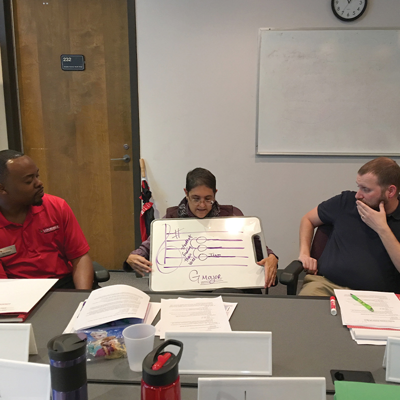 Professor Kimcherie Lloyd, Librarian Robert Detmering, and Advisor Eric Turner take part in a training session for FYF instructional teams in fall 2018.