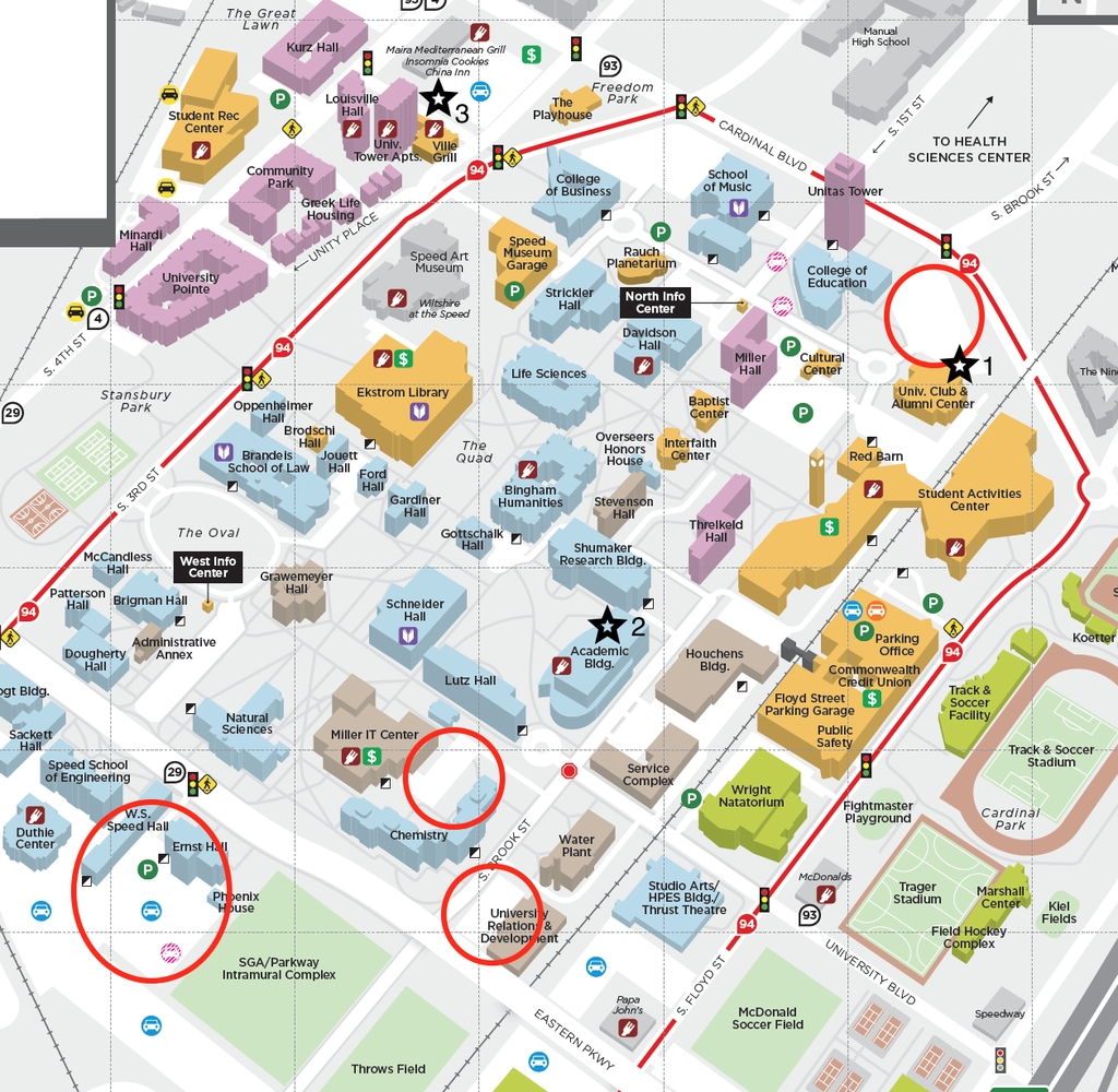 A map with free campus parking options circled in red.