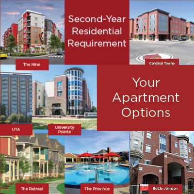 second-year apartment options include cardinal towne, university pointe, bettie johnson, university tower apartments, and other affiliate options
