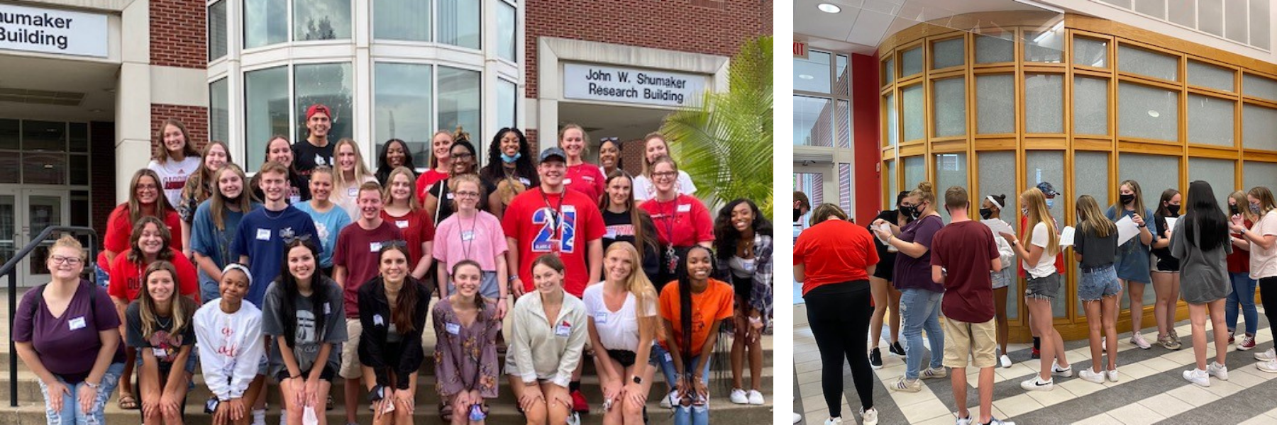 on the left image, students are standing in front of Shumaker Research Building and smiling. on the right image, students are engaging in an activity around campus