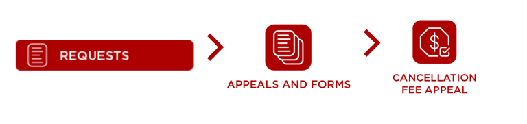 access the request button, go to the appeals and forms icon, then go to the cancellation fee appeal icon