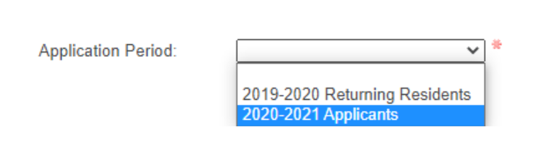 screenshot of a drop-down menu labeled as application period. On the menu, you should choose the period for which you would like to appeal a cancellation fee when using the request form in the housing portal