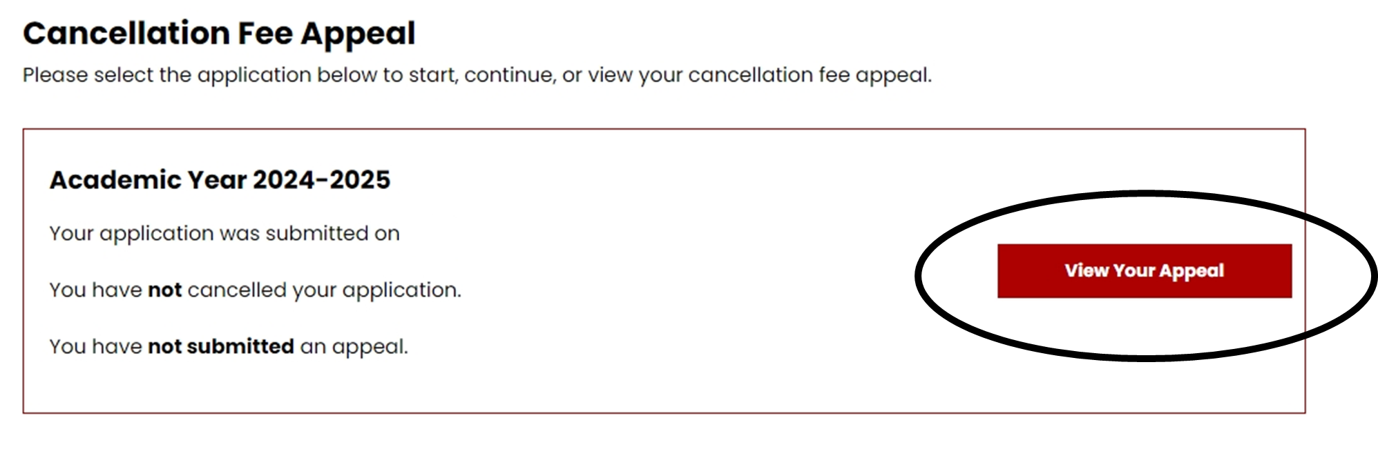 screenshot of the term selector page for the Cancellation Fee Appeal Request