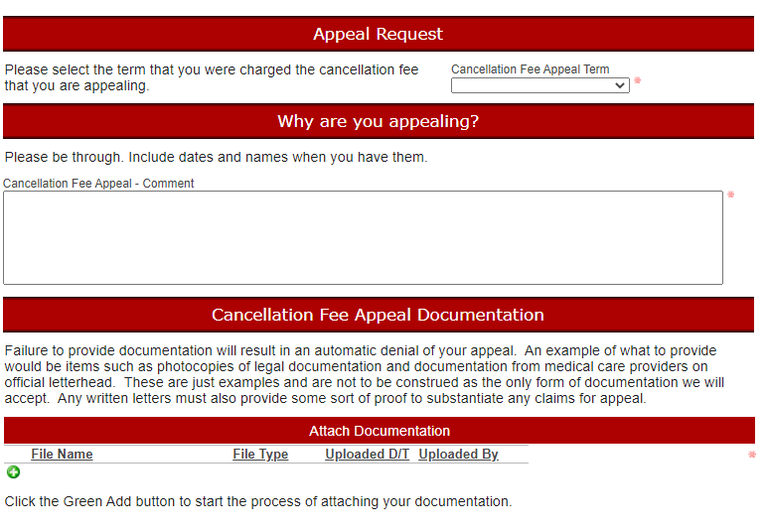 appeal request form in the housing portal has three parts. Part one allows you to select your appeal term. Part Two allows you to explain your situation by typing in a text field. Part Three allows you to upload any relevant documentation for your case
