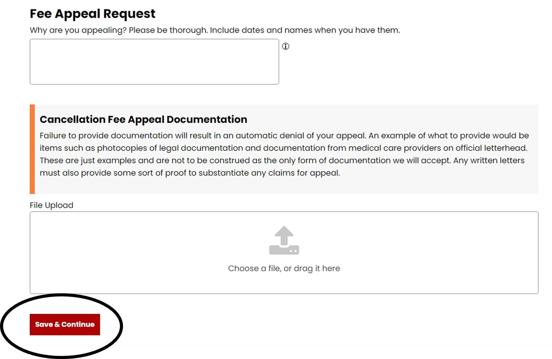 appeal request form in the housing portal has two parts. Part One allows you to explain your situation by typing in a text field. Part Two allows you to upload any relevant documentation for your case