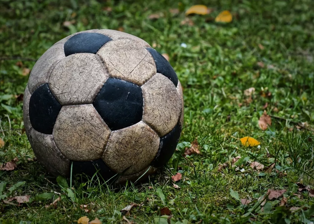Worn soccer ball in the grass