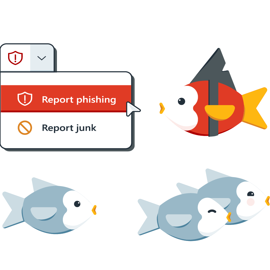 four fish surrounding a 'report phishing' icon, one of the fish looks like a 'cardinal' fish