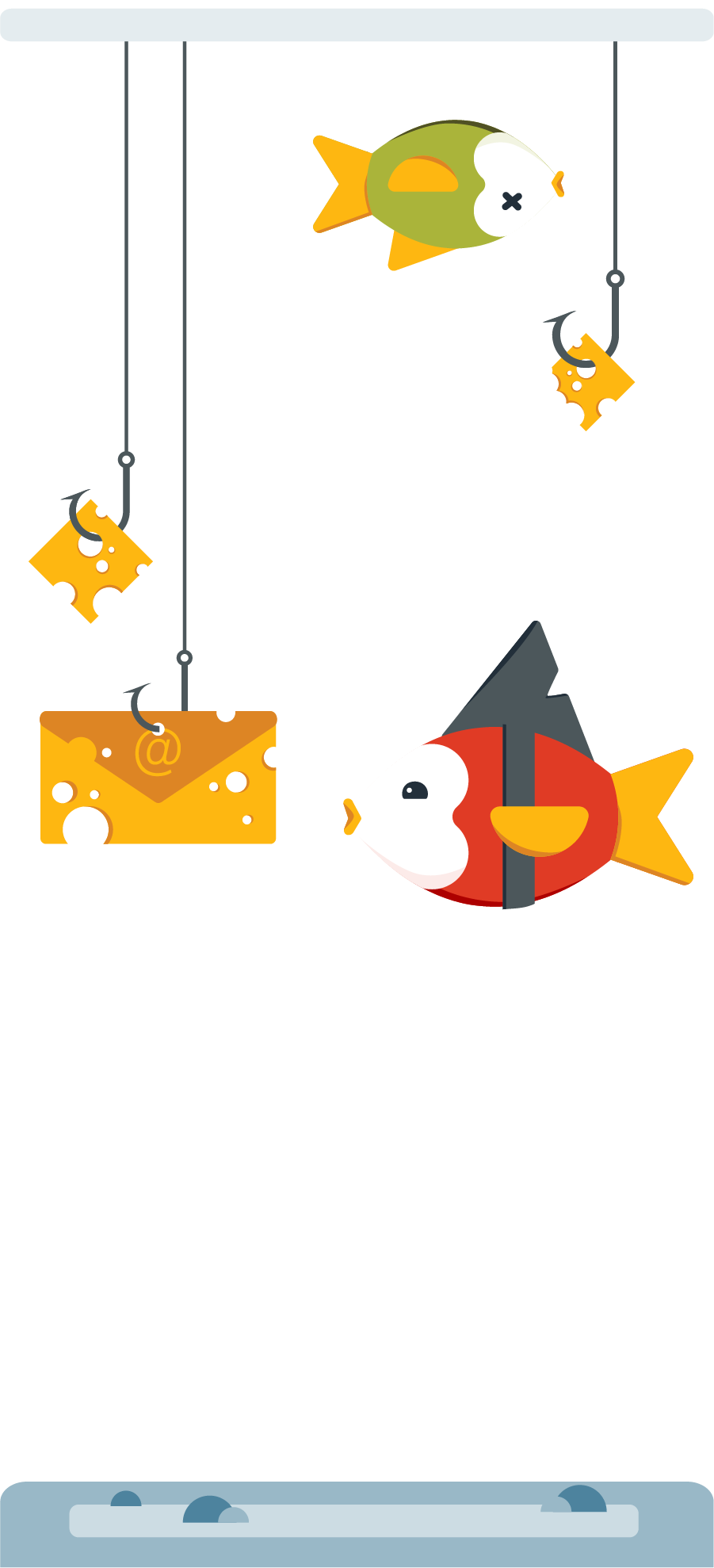 alive cardinal fish about to take the bait of a phishing hook, and a floating fish that didn't make it