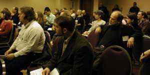 Large audience listens to Andrew Ross speak on an academic-activism panel at the American Studies Association