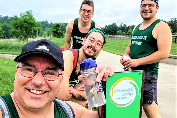 The Resilience Justice Project team often engages in brainstorming and planning while hiking at area parks. Pictured are: Professor Arnold, Pierce Stevenson, Michael Szot and Elijah Eisert in Summer 2021 (not pictured: Henna Khan and John Garvey).