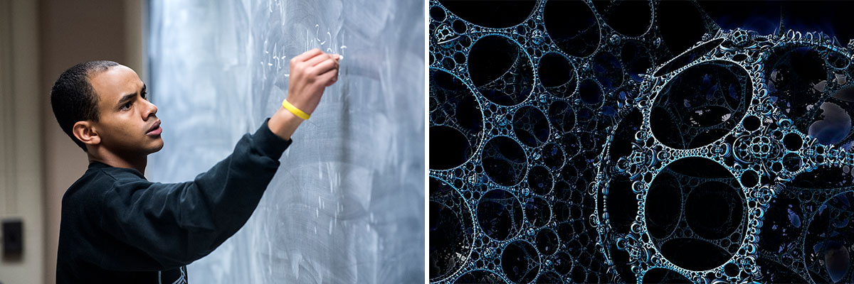 Math student at blackboard and a depiction of a fractal sphere.