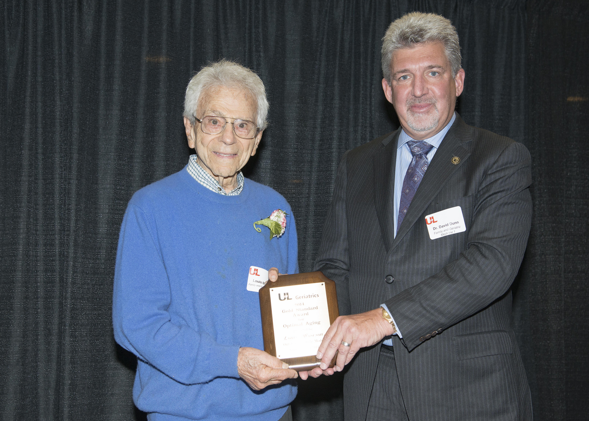 Louis Moseson, 2014 Optimal Aging Award Winner with Dr. David Dunn, UofL Executive VP of Health Affairs