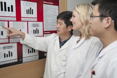 Juvenile Diabetes Researchers Reviewing Poster with Lu Cai, M.D., PH.D.