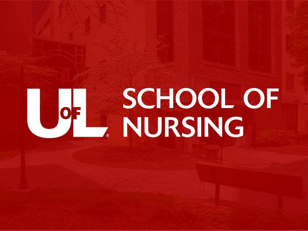 White UofL School of Nursing logo on red background.