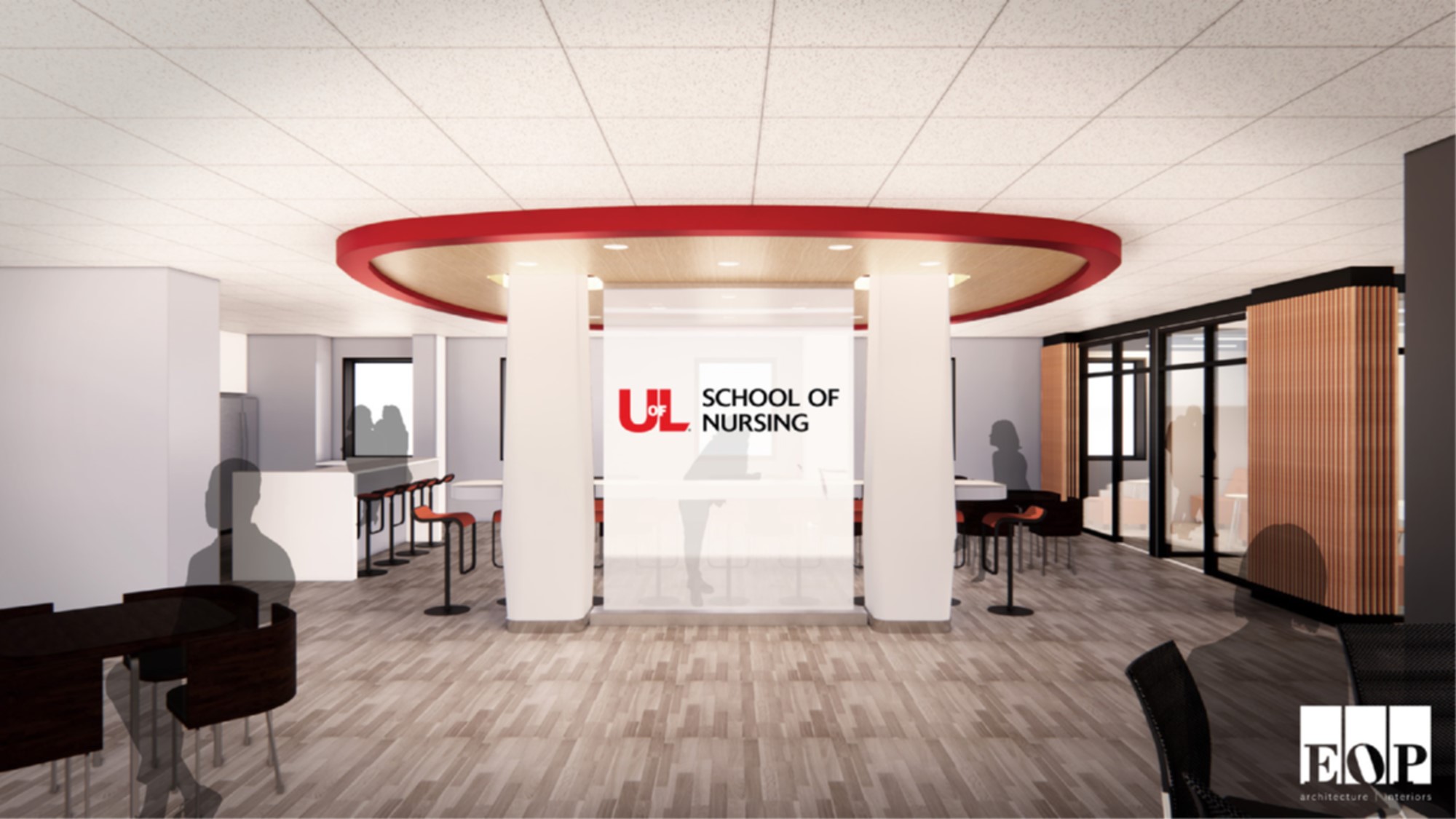 Simulated rendering of the School of Nursing’s Student Collaboration Lounge featuring the School of Nursing logo on a frosted glass pane between two round columns.