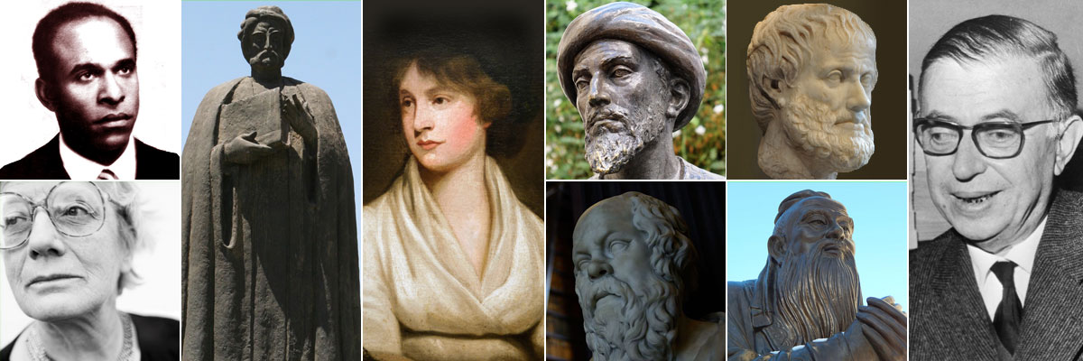 A collage of famous philosophers' photos, including Frantz Fanon,Jean-Paul Sartre,Socrates,Confucius,Maimonides,Ibn Khaldun,Mary Wollstonecraft, Baroness Mary Warnock, and Aristotle.