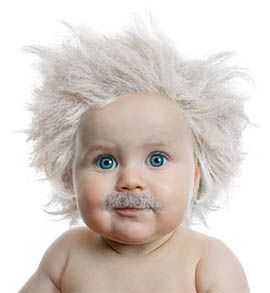 Cute picture of baby wearing Einstein wig and moustache