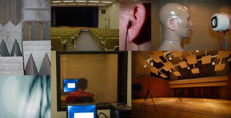 Collage of pictures of different acoustic environments (concert hall, classroom, sound-treated booth, etc.)
