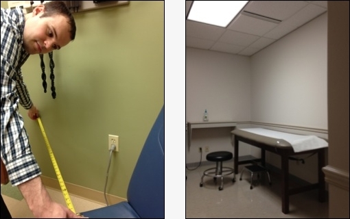 Left side: Researcher measuring exam room space. Right side: Exam room table.